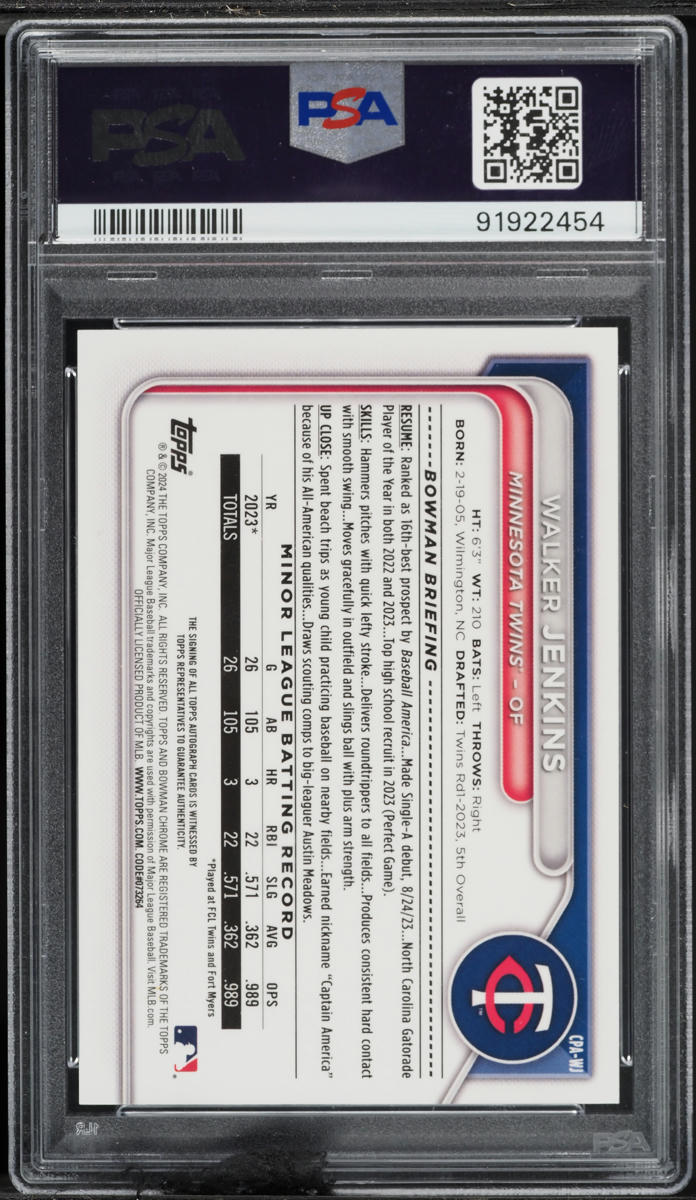 2024 Bowman Chrome Speckle Refractor Walker Jenkins PROSPECT AUTO /299 #CPA-WJ PSA 10 GEM MINT