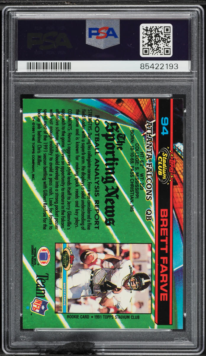 1991 Stadium Club Football Brett Farve ROOKIE #94 PSA 9 MINT