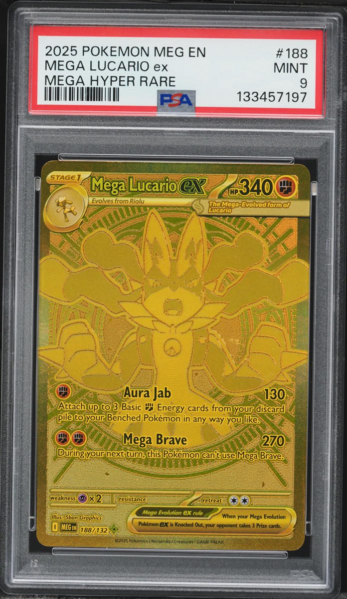 2025 Pokemon Mega Evolution Gold Rare Mega Lucario ex #188 PSA 9 MINT