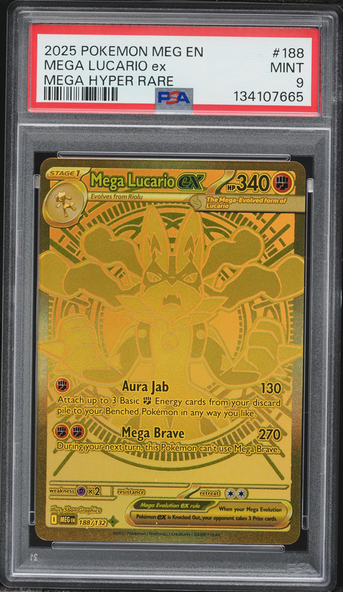 2025 Pokemon Mega Evolution Gold Rare Mega Lucario ex #188 PSA 9 MINT