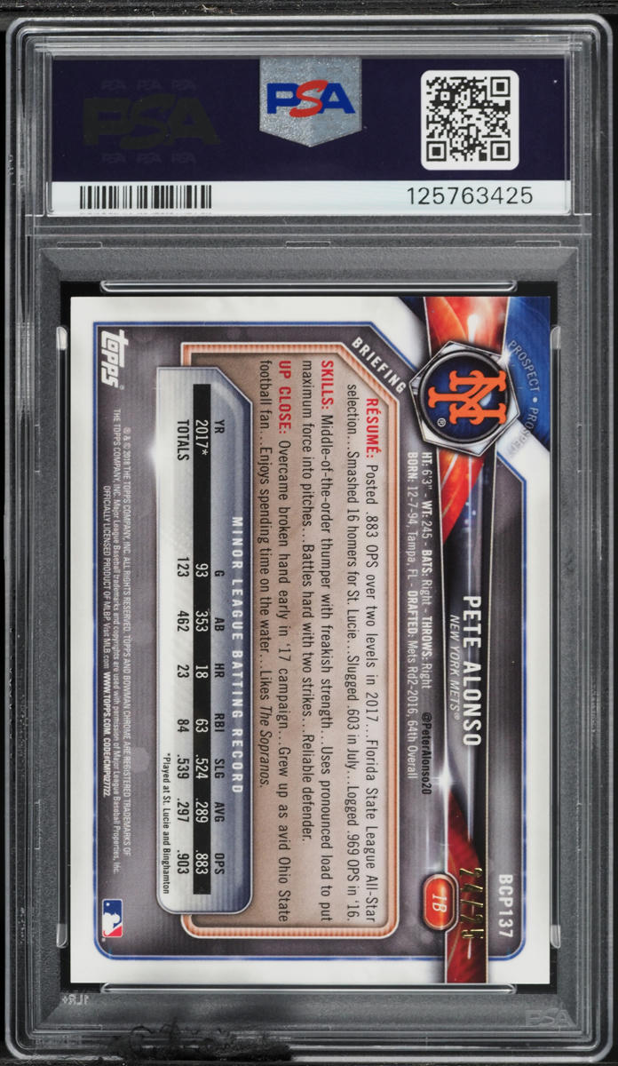 2018 Bowman Mega Box Chrome Orange Refractor Pete Alonso PROSPECT /25 #BCP137 PSA 10 GEM MINT