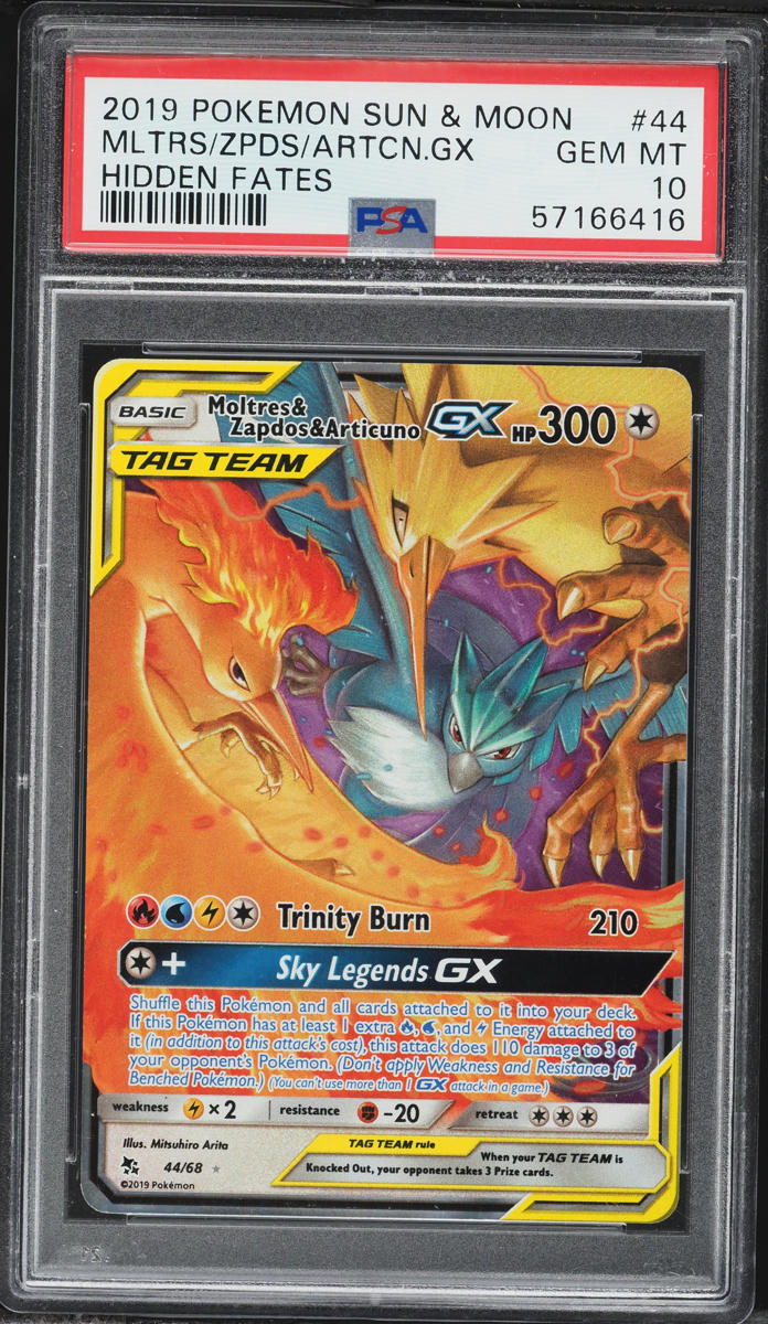 2019 Pokemon Sun & Moon Hidden Fates Moltres Zapdos Articuno GX #44 PSA 10 GEM MINT