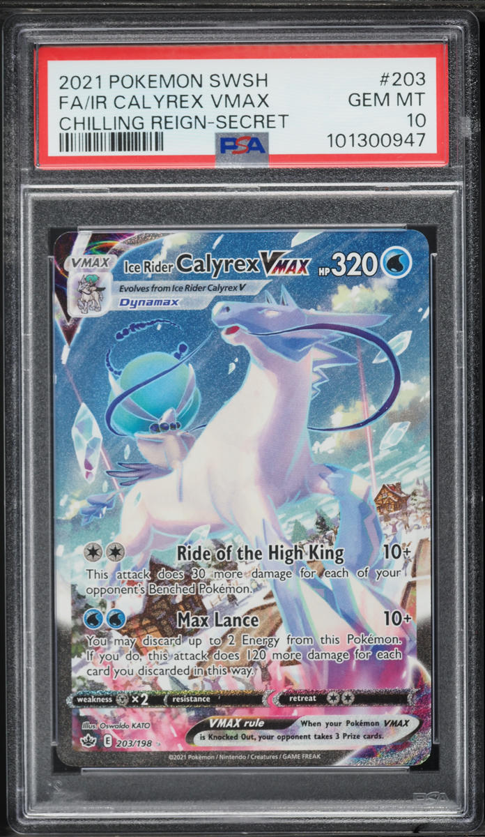 2021 Pokemon Sword & Shield Chilling Reign Full Art Ice Rider Calyrex VMAX #203 PSA 10 GEM MINT