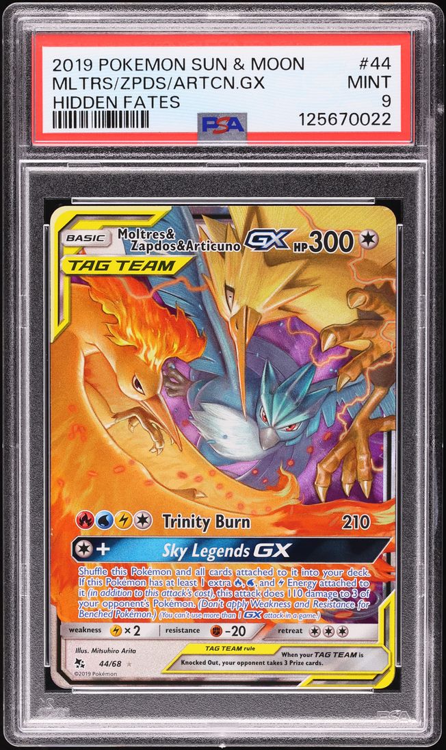 2019 Pokemon Sun & Moon Hidden Fates Moltres Zapdos Articuno GX #44 PSA 9 MINT