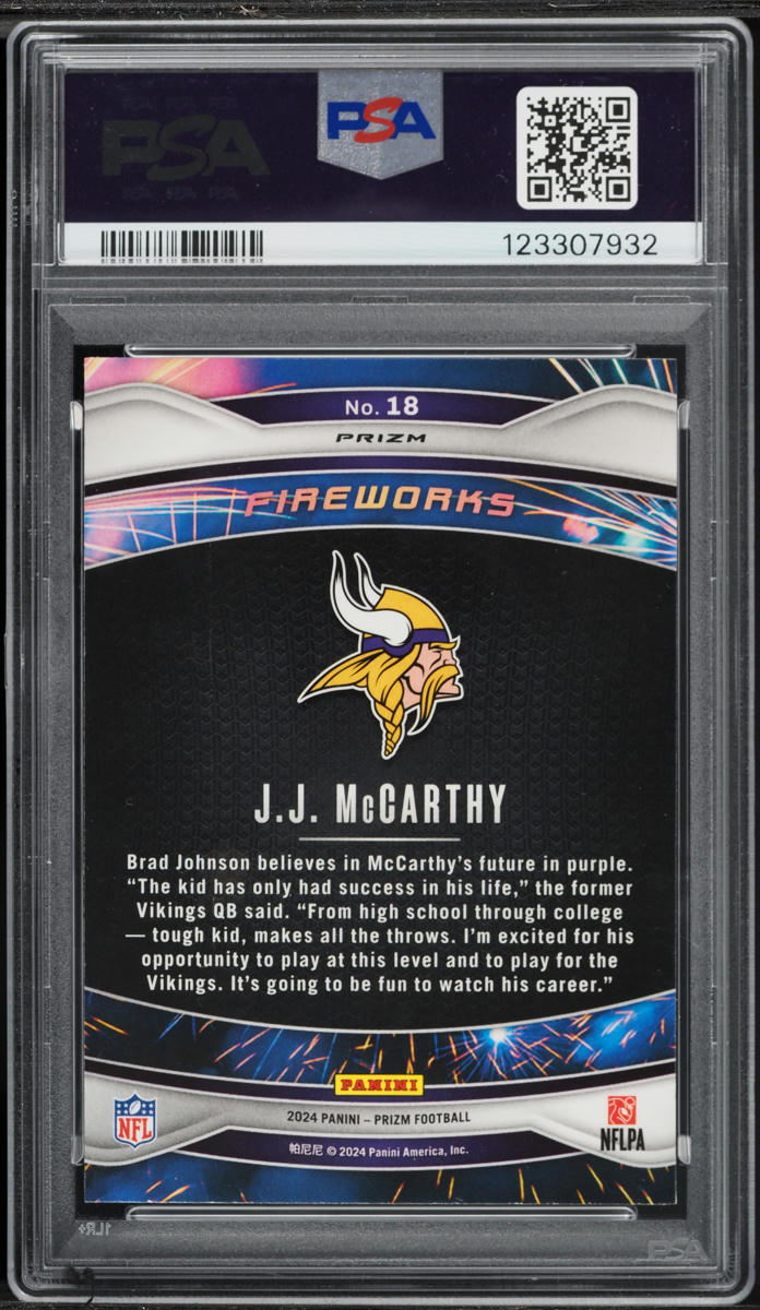 2024 Panini Prizm Fireworks No Huddle J.J. McCarthy ROOKIE #18 PSA 10 GEM MINT