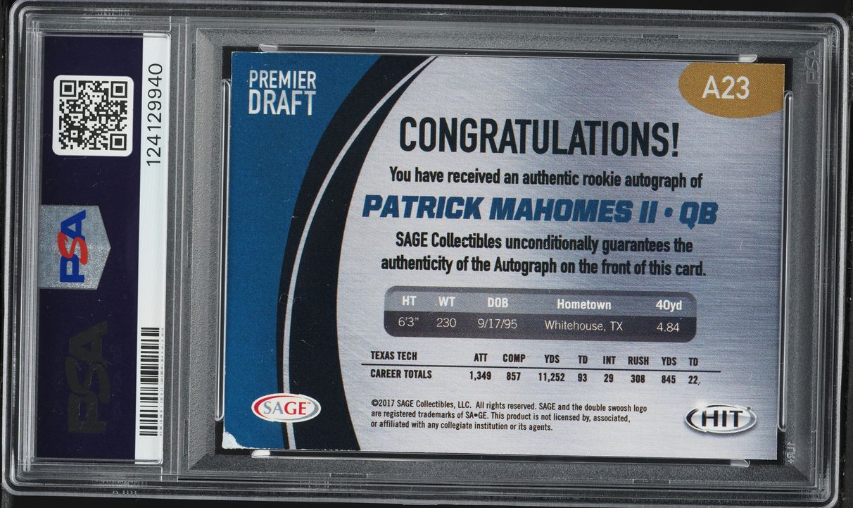 2017 Sa-Ge Hit Premier Draft Patrick Mahomes II ROOKIE AUTO DNA 10 #A23 PSA AUTH