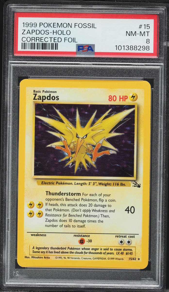 1999 Pokemon Fossil Corrected Holo Zapdos #15 PSA 8 NM-MT