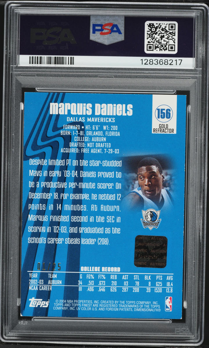 2003 Finest Gold Refractor Marquis Daniels ROOKIE AUTO 1/25#156 PSA 7 NRMT