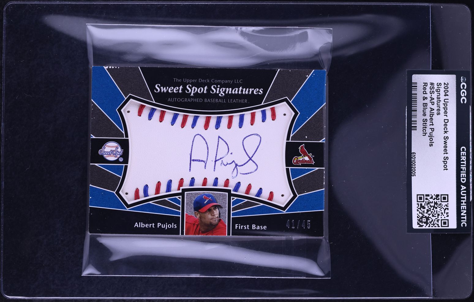 2004 Upper Deck Sweet Spot Red & Blue Stitch Albert Pujols AUTO /45 #SS-AP CGC AUTH
