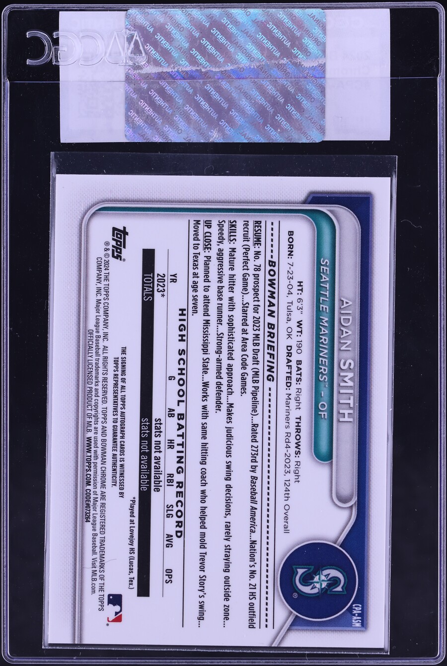 2024 Bowman Chrome Aidan Smith PROSPECT AUTO #CPA-ASM CGC AUTH