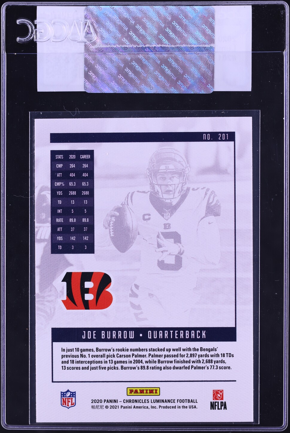 2020 Panini Chronicles Luminance Joe Burrow ROOKIE #201 CGC AUTH