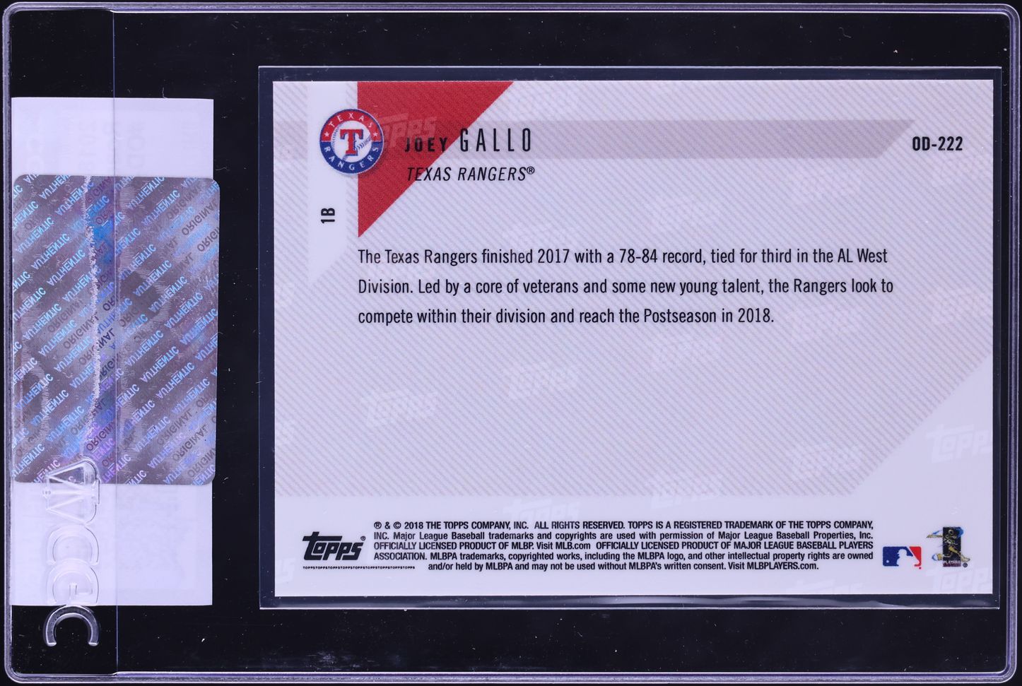 2018 Topps Now Road To Opening Day Joey Gallo #OD-222 CGC AUTH