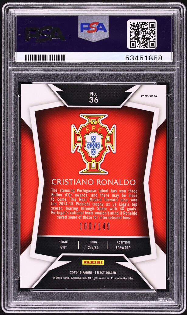 2015 Select Soccer White Jersey Orange Prizm Cristiano Ronaldo /149 #36 PSA 10 GEM MINT