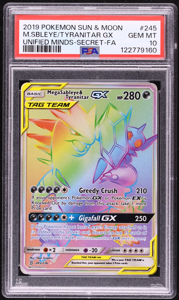 2019 Pokemon Sun & Moon Unified Minds Rainbow Rare Mega Sableye & Tyranitar GX #245 PSA 10 GEM