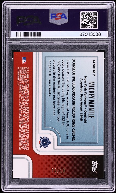 2006 Finest Moments Gold Xfractor Mickey Mantle /10 #MMFM7 PSA 9