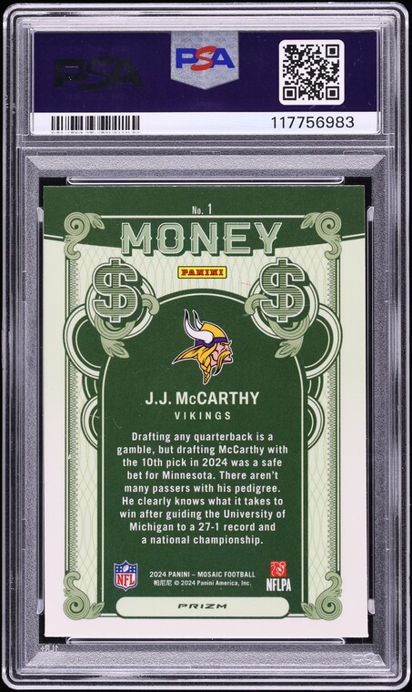 2024 Panini Mosaic Money J.J. McCarthy ROOKIE #1 PSA 9 MINT