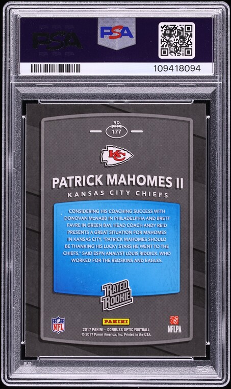 2017 Donruss Optic Patrick Mahomes II ROOKIE AUTO DNA 10 #177 PSA 9 MINT