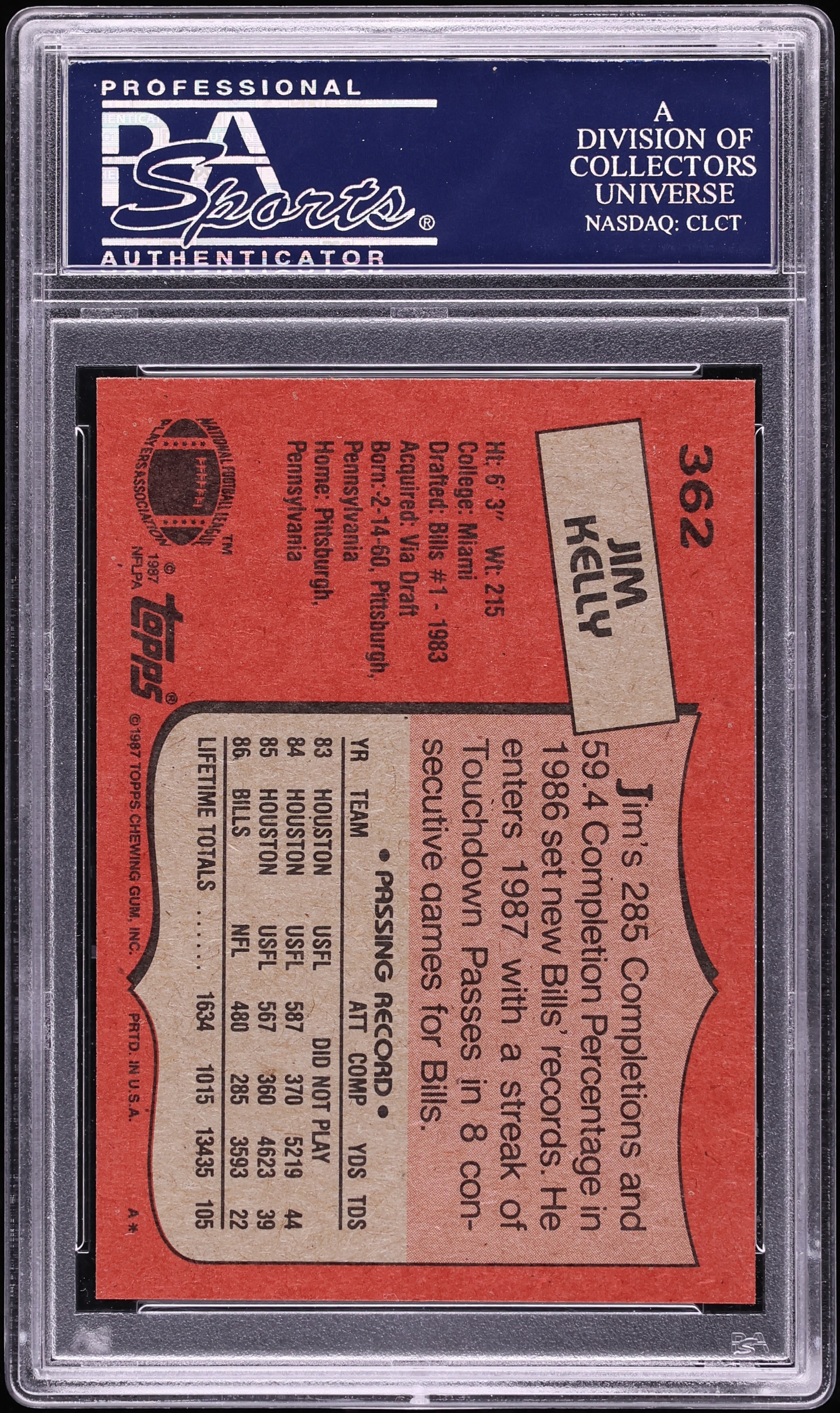 1987 Topps Football Jim Kelly ROOKIE #362 PSA 10 GEM MINT on