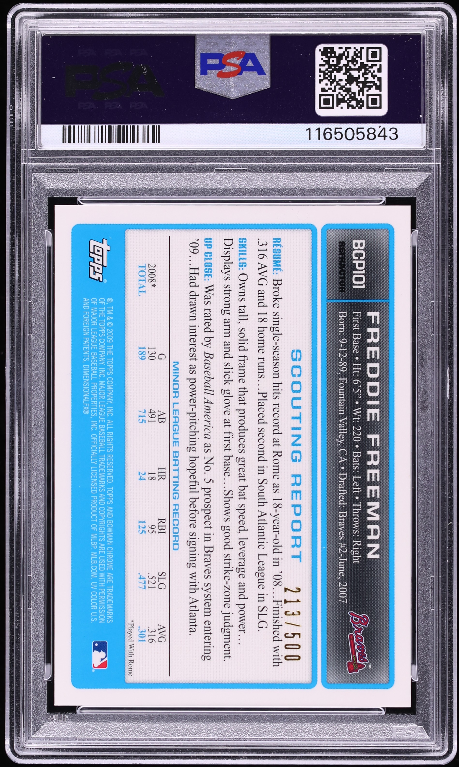 2009 Bowman Chrome Refractor Freddie Freeman PROSPECTS AUTO DNA 10 