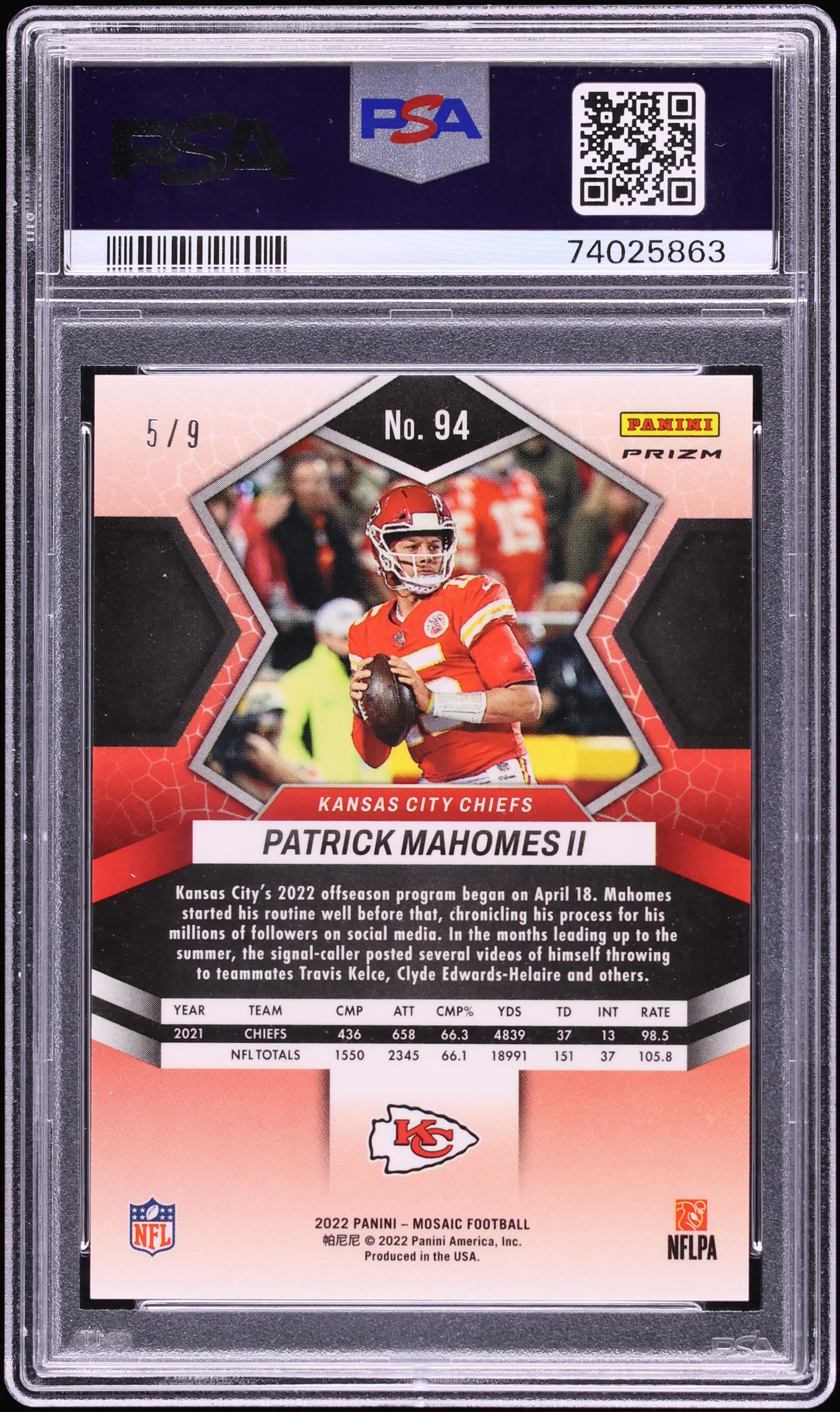 2022 Panini Mosaic Red Wave Patrick Mahomes II /9 #94 PSA 10 GEM