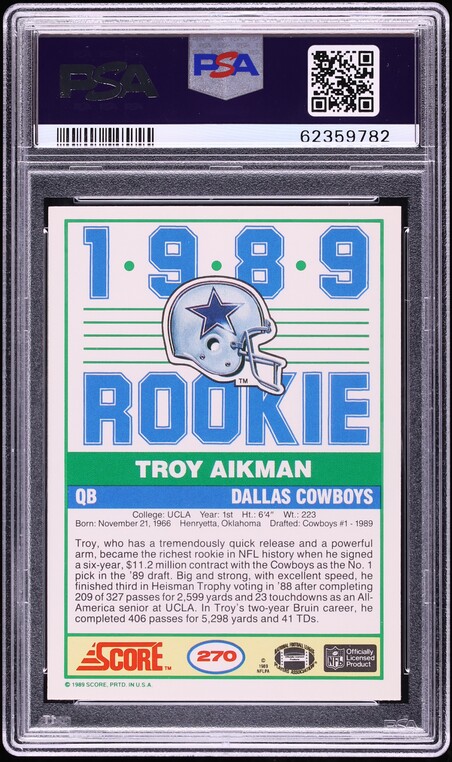 1989 Score Troy Aikman ROOKIE #270 PSA 10 GEM MINT on Fanatics Collect