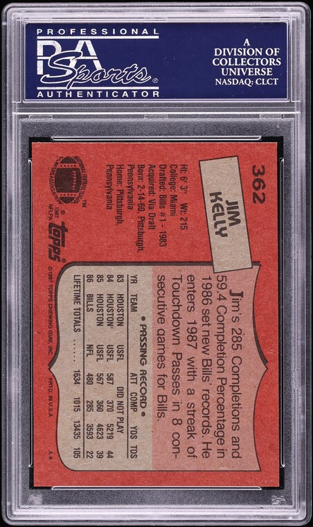 1987 Topps Football Jim Kelly ROOKIE #362 PSA 10 GEM MINT on