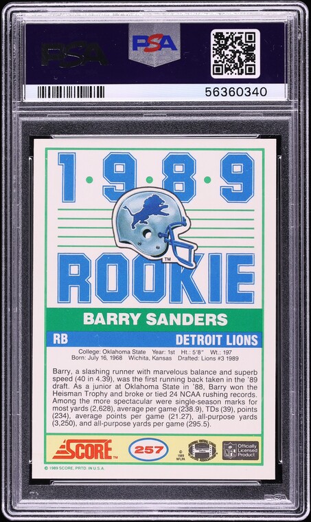 1989 Score Football Barry Sanders ROOKIE #257 PSA 10 GEM MINT