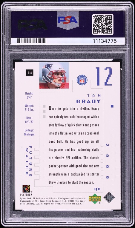 2000 SP Authentic Tom Brady ROOKIE /1250 #118 PSA 9 MINT