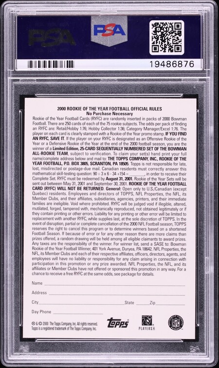 2000 Bowman ROY Promotion Tom Brady ROOKIE PSA 10 GEM MINT