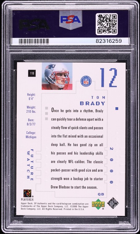 2000 SP Authentic Tom Brady ROOKIE /1250 #118 PSA 8 NM-MT
