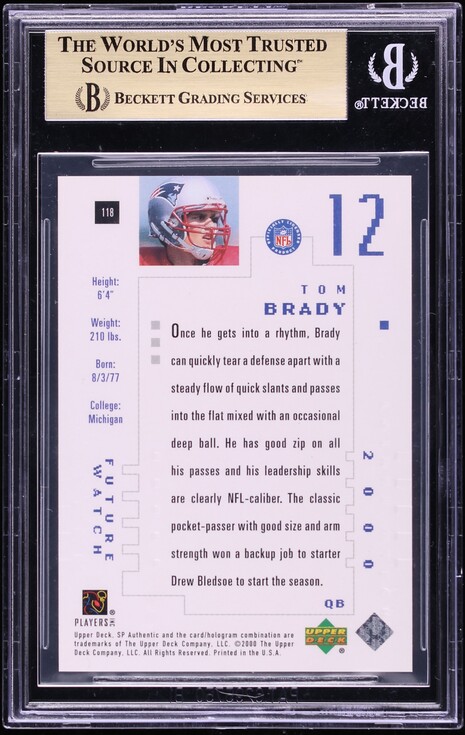 2000 SP Authentic Tom Brady ROOKIE /1250 #118 BGS 9.5 GEM MINT
