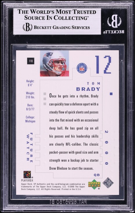 2000 SP Authentic Tom Brady ROOKIE /1250 #118 BGS 9 MINT