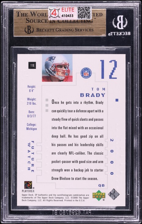 2000 SP Authentic Tom Brady ROOKIE /1250 #118 BGS 9.5 GEM MINT