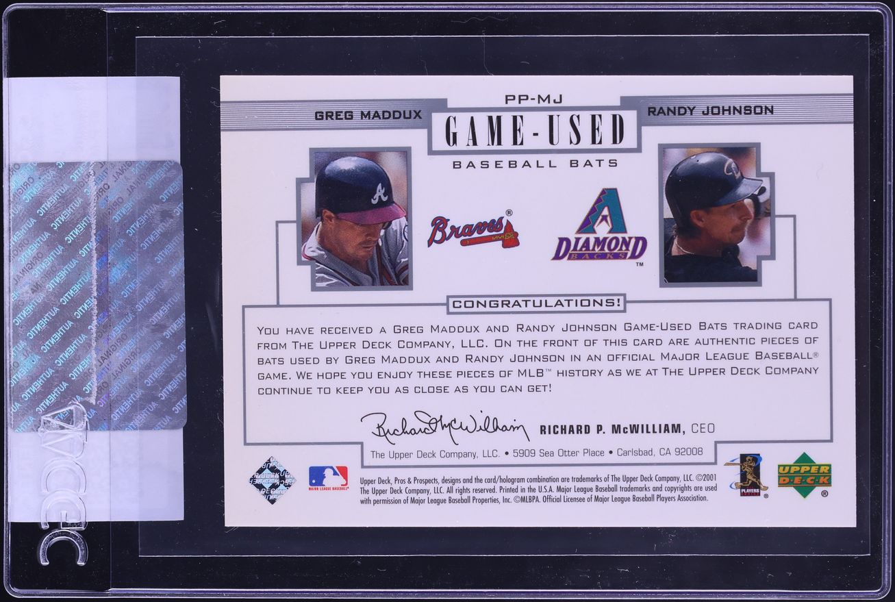 2001 Upper Deck Pros & Prospects Game-Used Bat Greg Maddux Randy Johnson PATCH #PP-MJ CGC AUTH