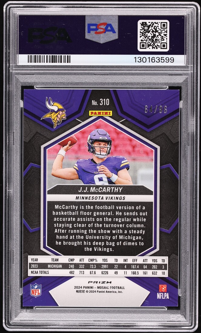 2024 Panini Mosaic Blue Sparkle JJ McCarthy ROOKIE /96 #310 PSA 9