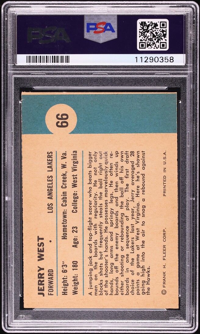 1961 Fleer Basketball Jerry West ROOKIE, IN ACTION #66 PSA 8 NM-MT