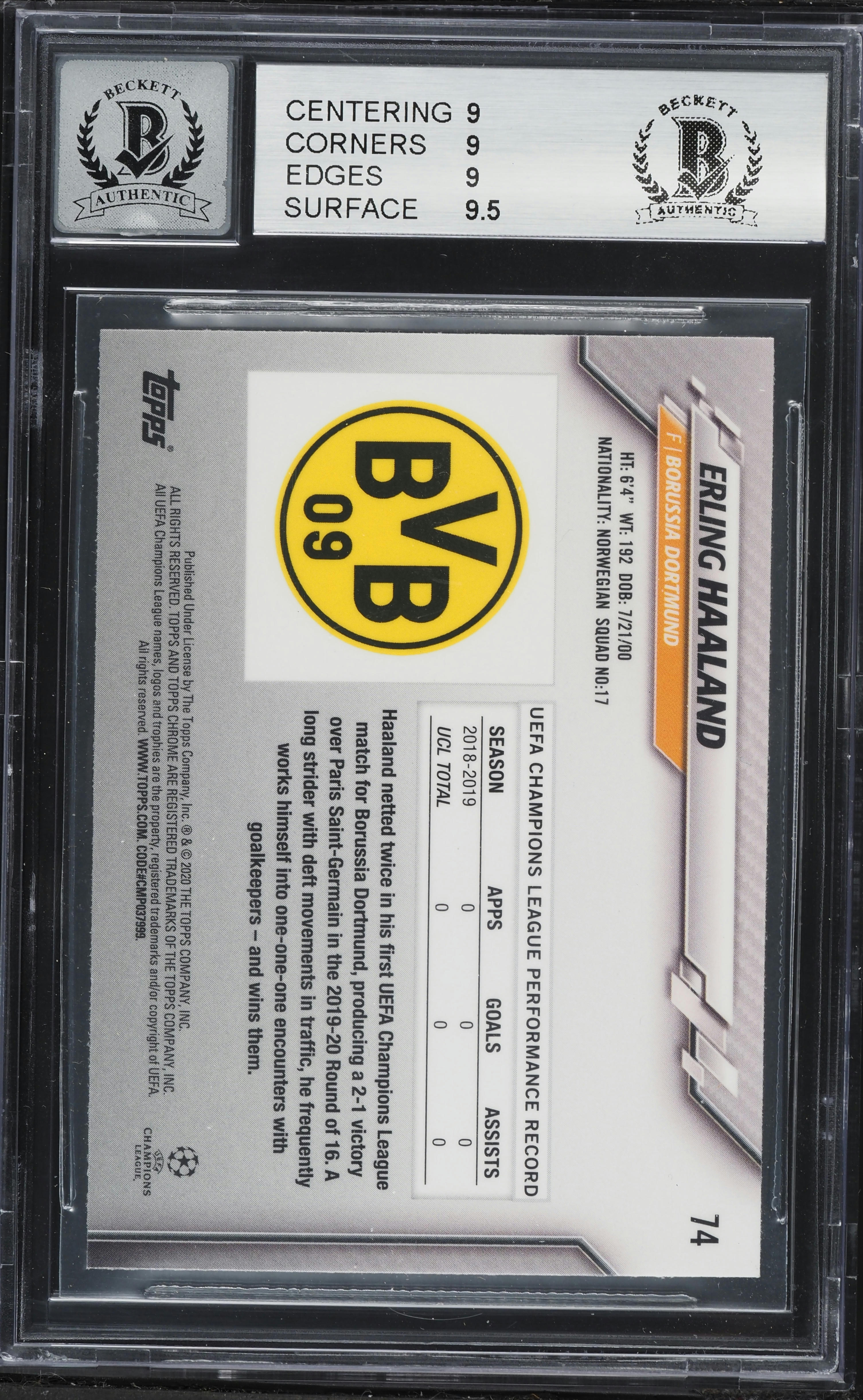 2019 Topps Chrome UEFA Champions League Erling Haaland ROOKIE AUTO