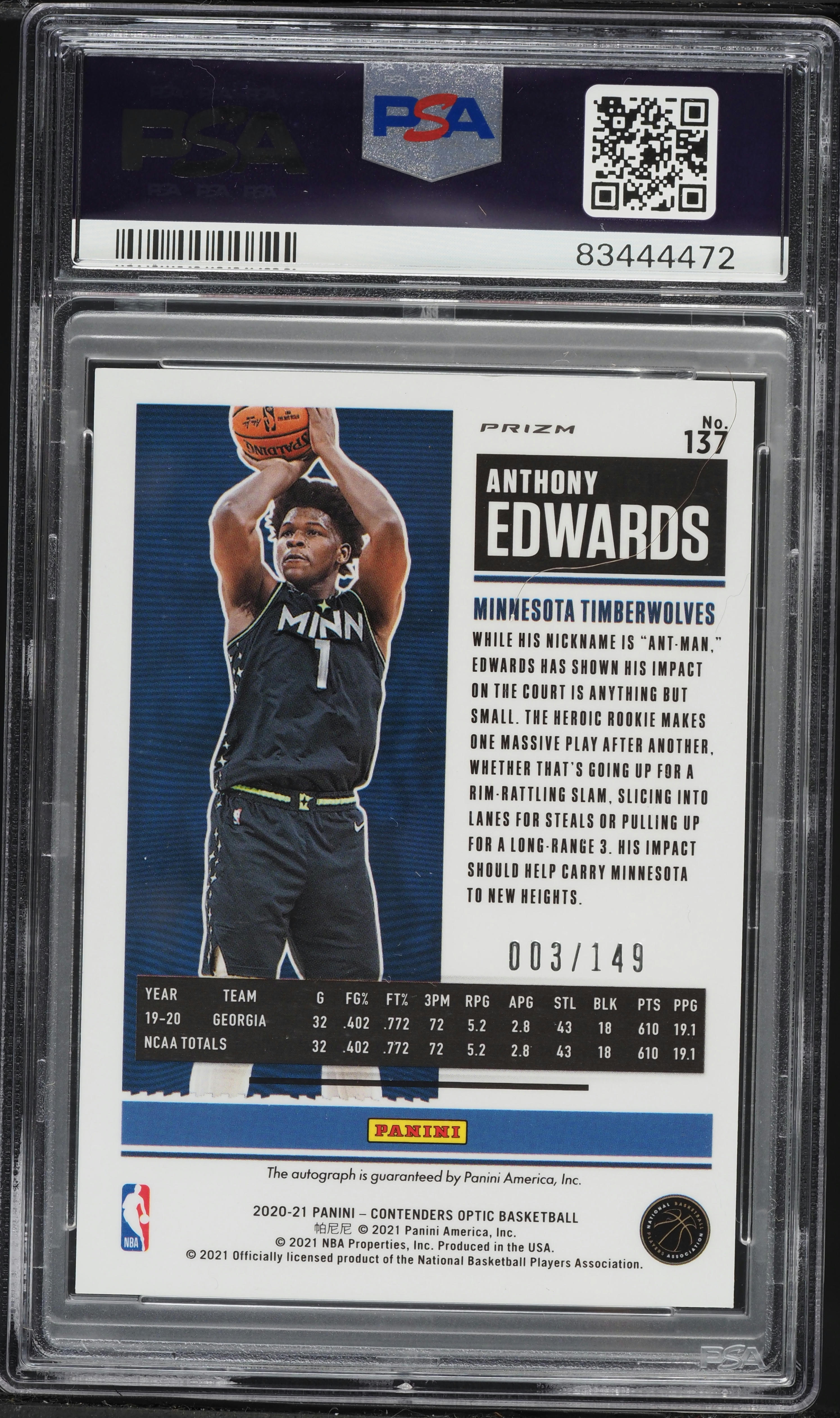 2020 Panini Contenders Optic Red Anthony Edwards ROOKIE AUTO DNA 