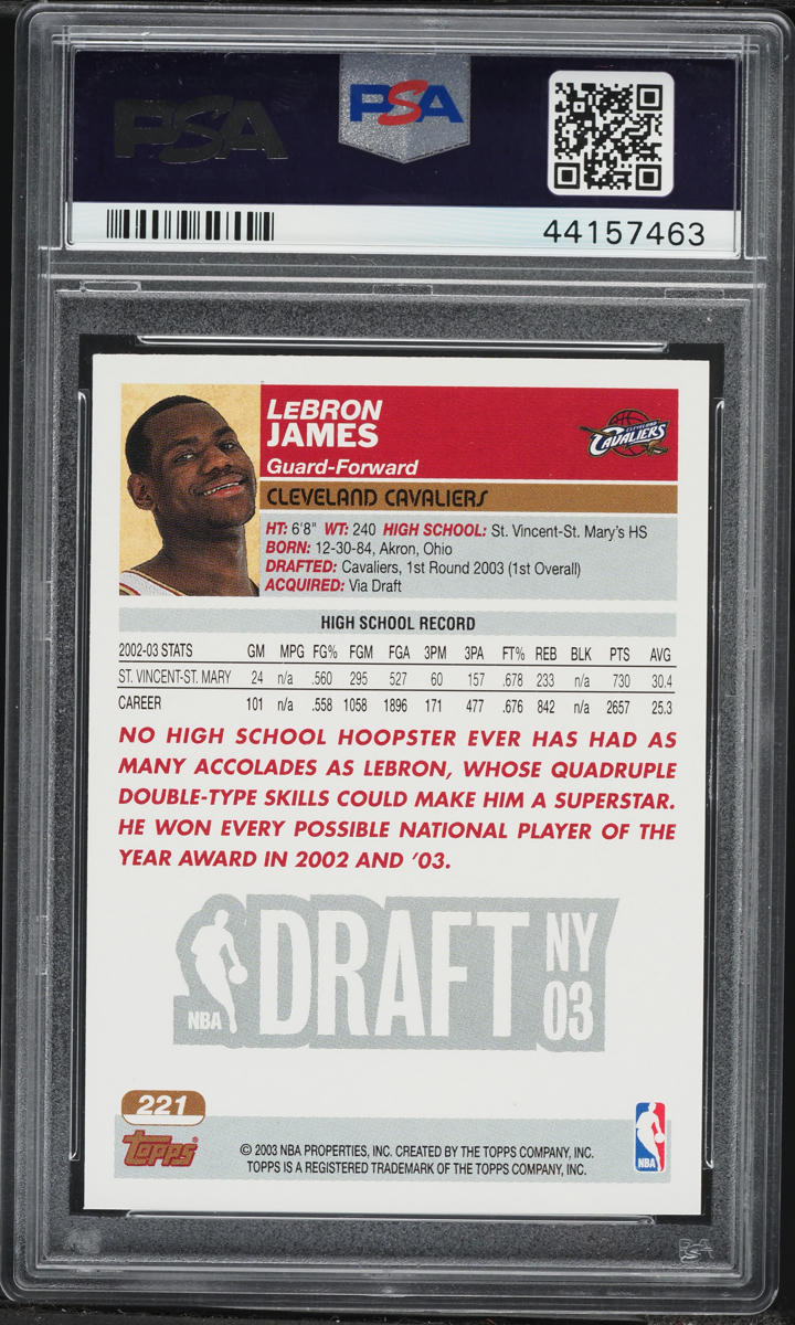 2003 Topps Basketball LeBron James ROOKIE #221 PSA 10 GEM MINT