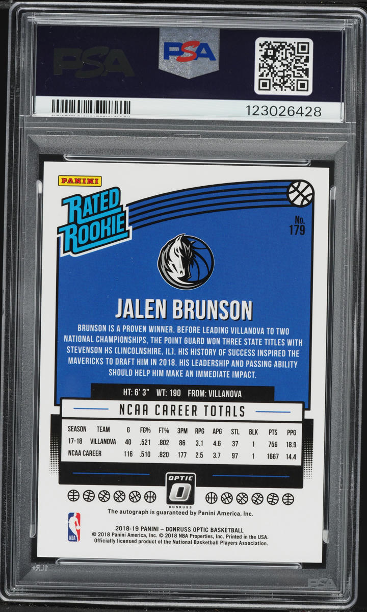 2018 Donruss Optic Jalen Brunson ROOKIE AUTO #179 PSA 8 NM-MT