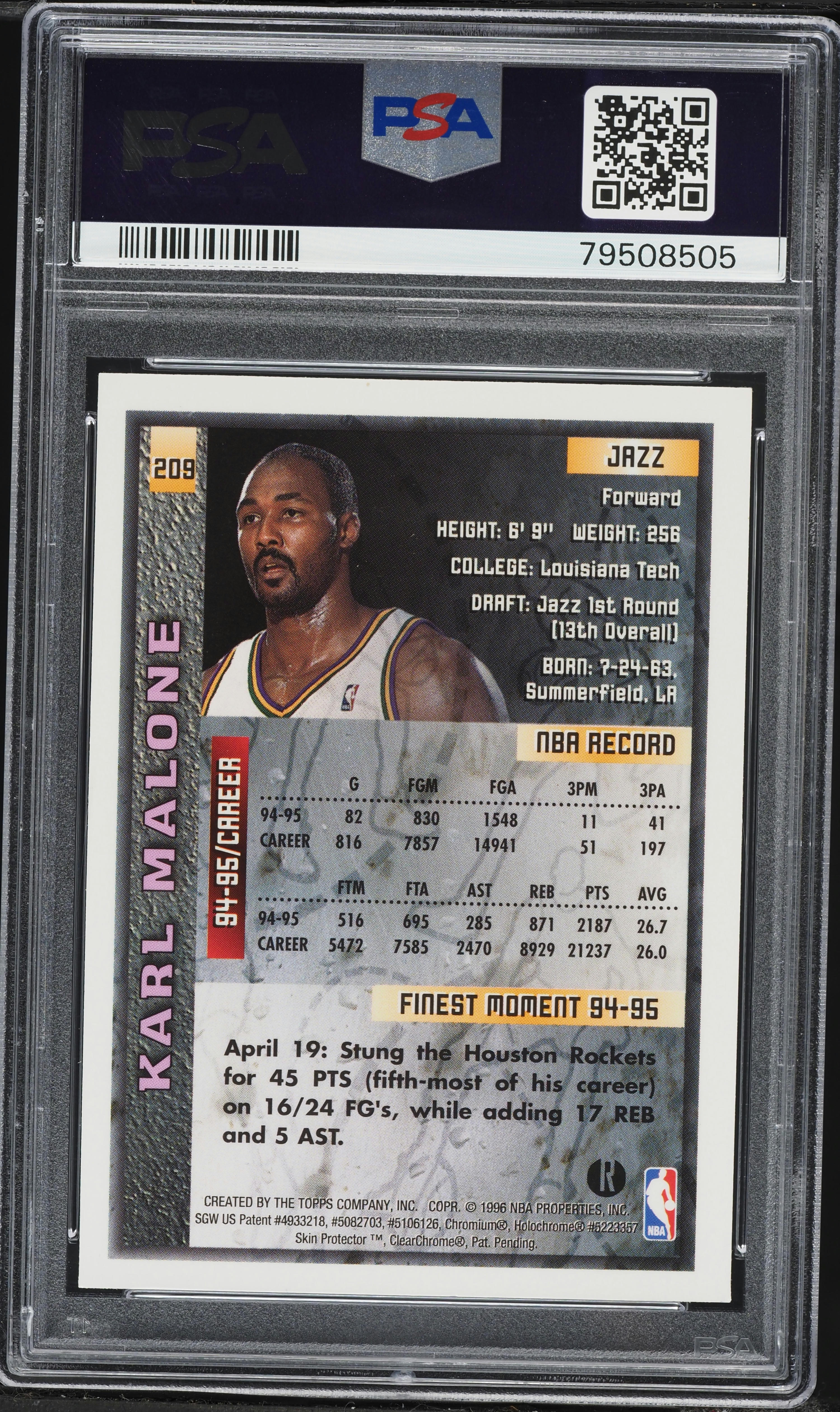 NBA[Karl Malone]マローンのゴールドリフレクター‼️285枚限定 1995 Finest Refractor w/ Coating Karl Malone #209 PSA 8 NM-MT on