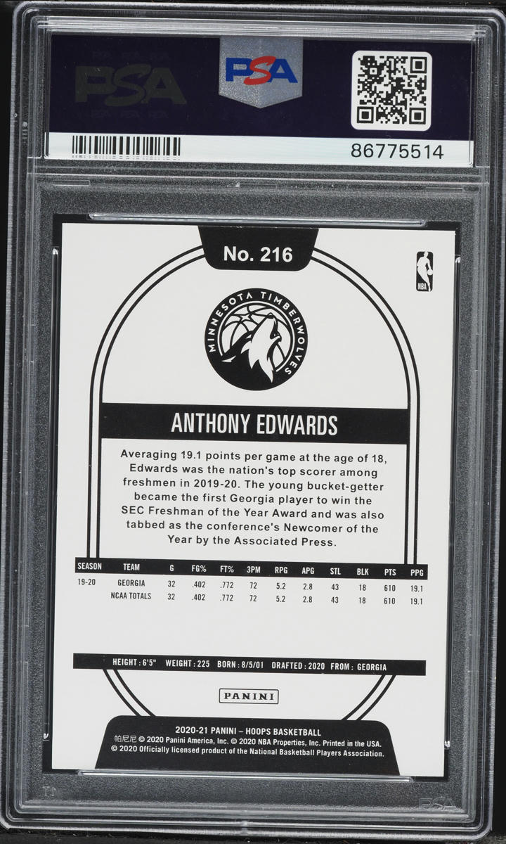 2020 Hoops Anthony Edwards ROOKIE #216 PSA 10 GEM MINT