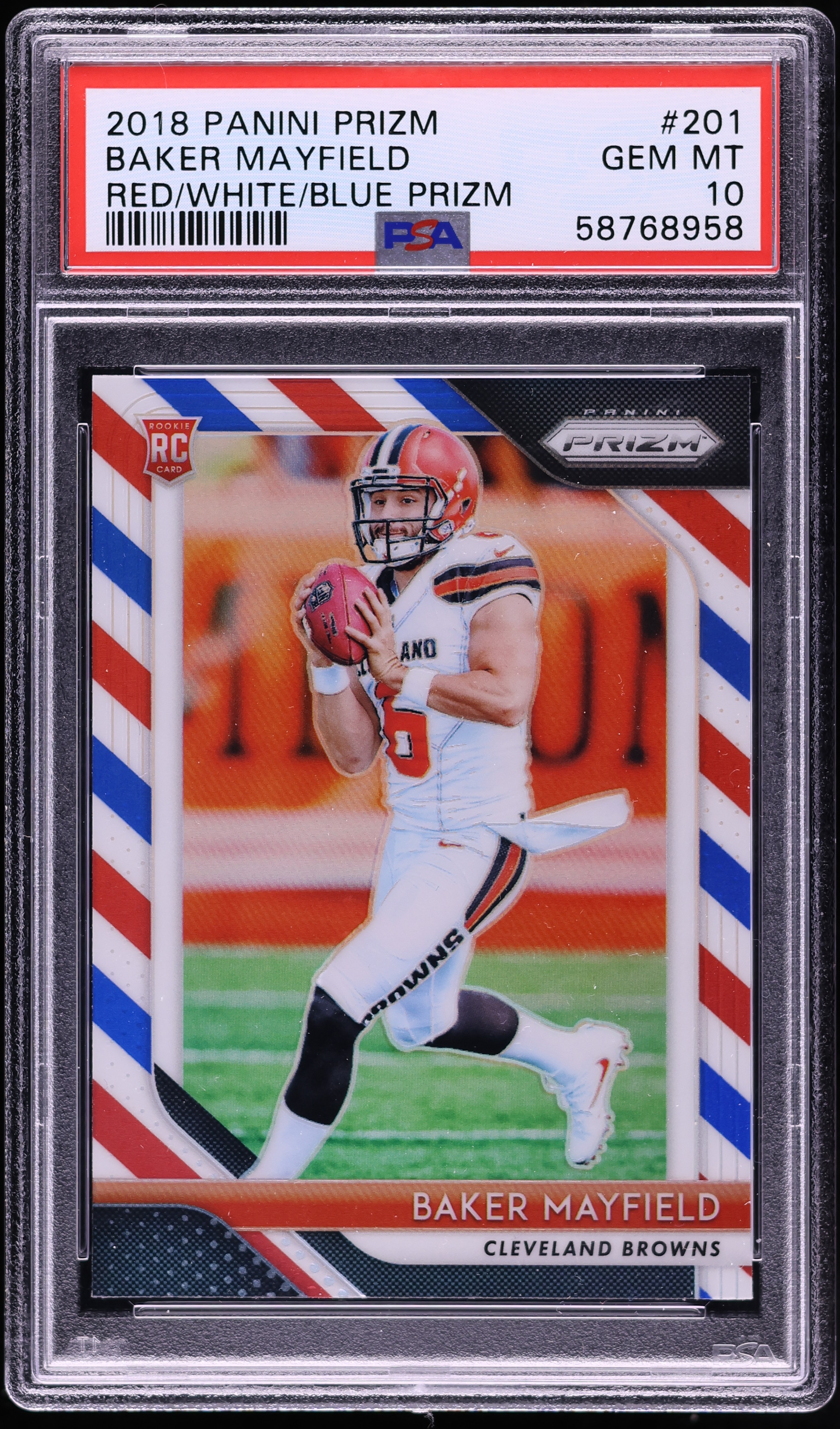 2018 Panini Prizm Red White Blue Baker Mayfield ROOKIE #201 PSA 10