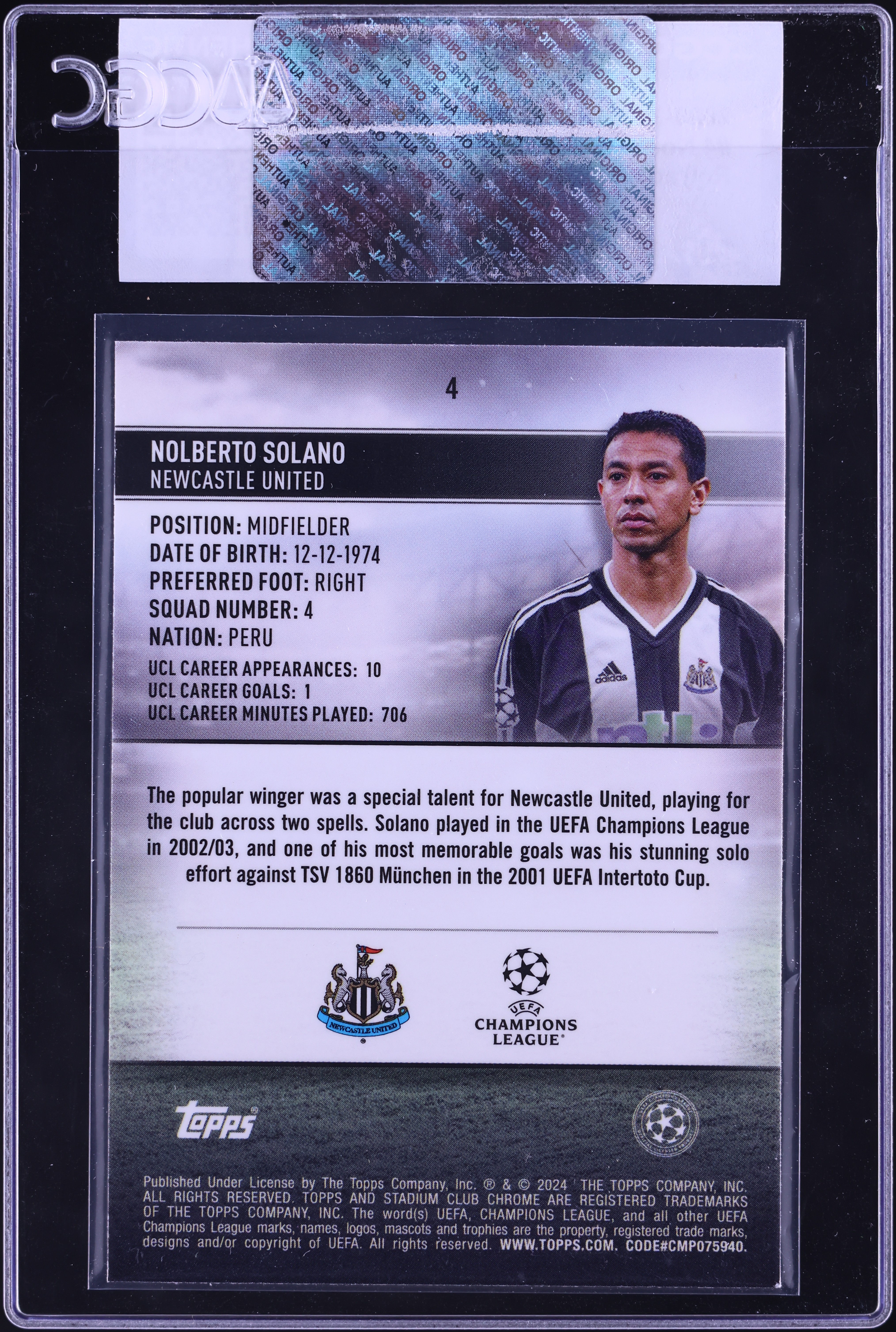 2023 Stadium Club Chrome UEFA Champions League Refractor Nolberto Solano #4  CGC AUTH on Fanatics Collect
