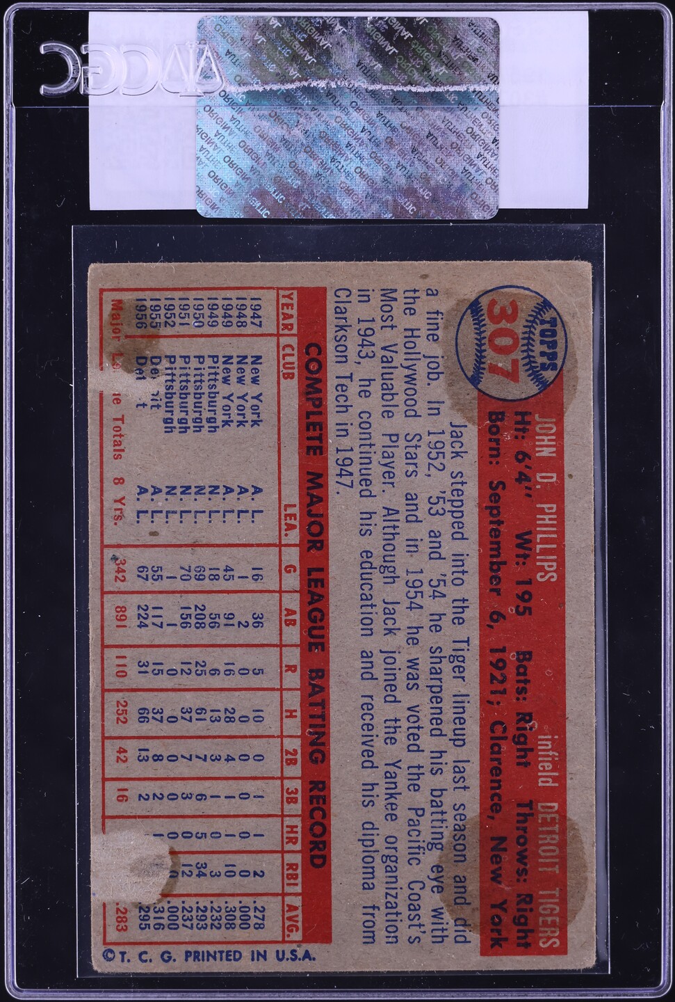 1957 Topps Jack Phillips #307 CGC AUTH