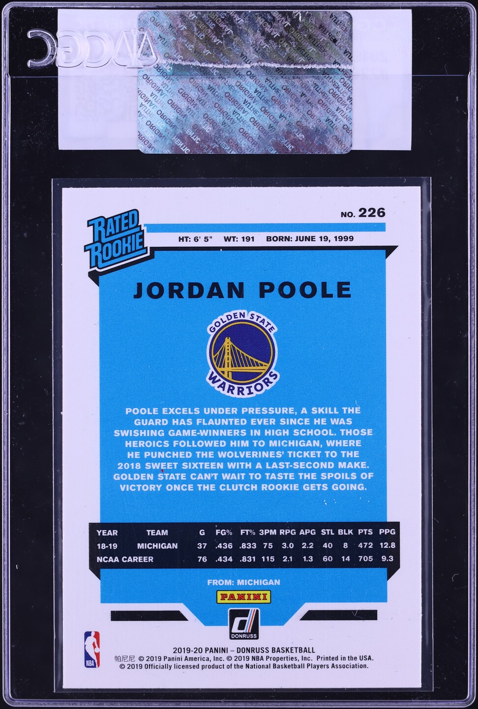 2019 Donruss Basketball Jordan Poole ROOKIE #226 CGC AUTH