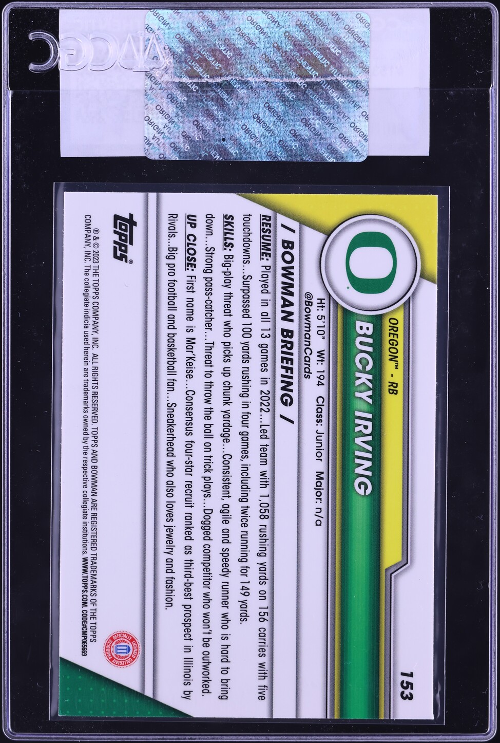 2023 Bowman Chrome University Bucky Irving ROOKIE #153 CGC AUTH