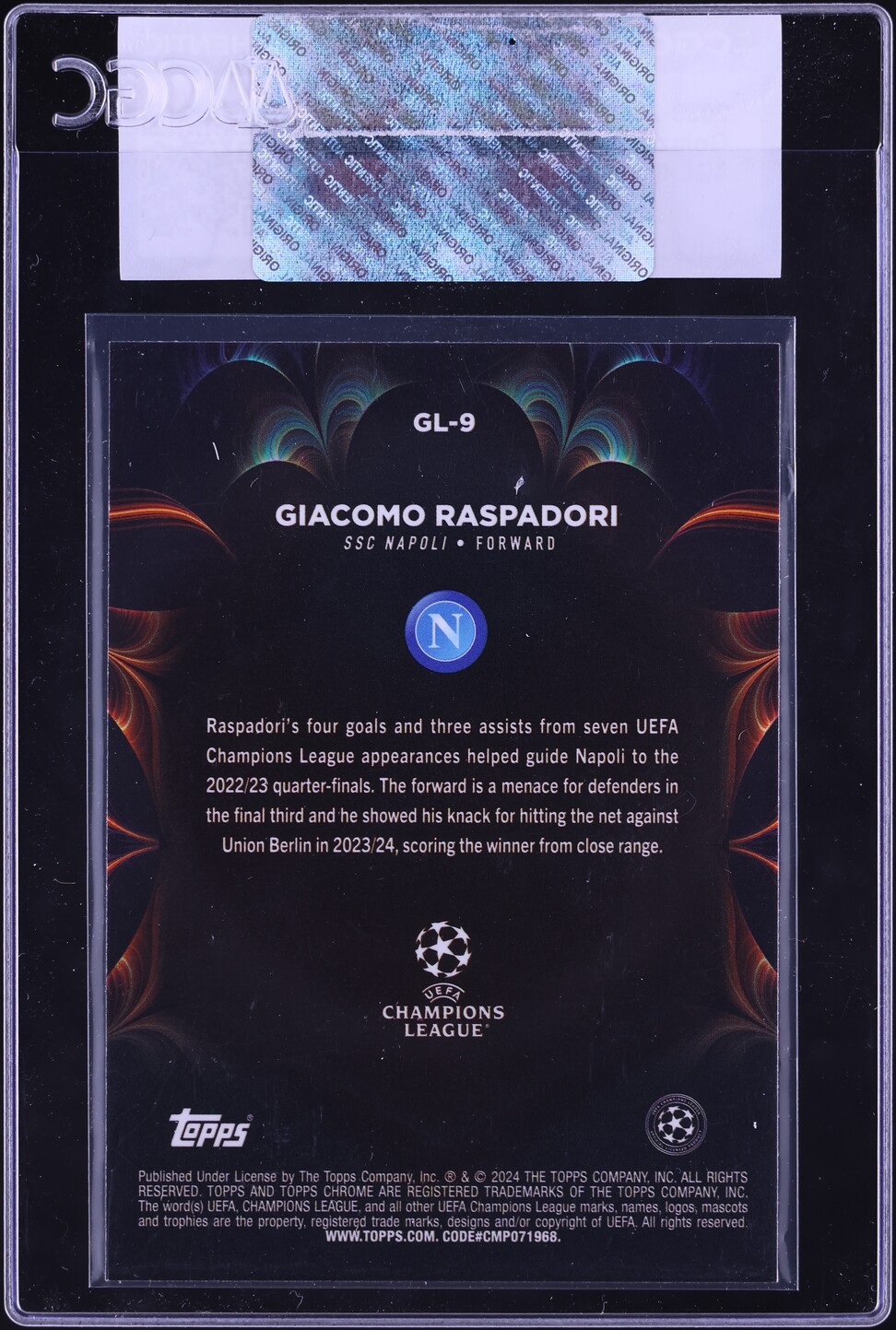 2023 Topps Chrome UEFA Club Competitions Golazo Giacomo Raspadori #GL-9 CGC AUTH