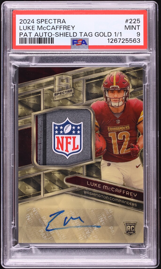 2024 Panini SpectraShield Tag Gold Luke McCaffrey ROOKIE PATCH AUTO 1/1 #225 PSA 9 MINT