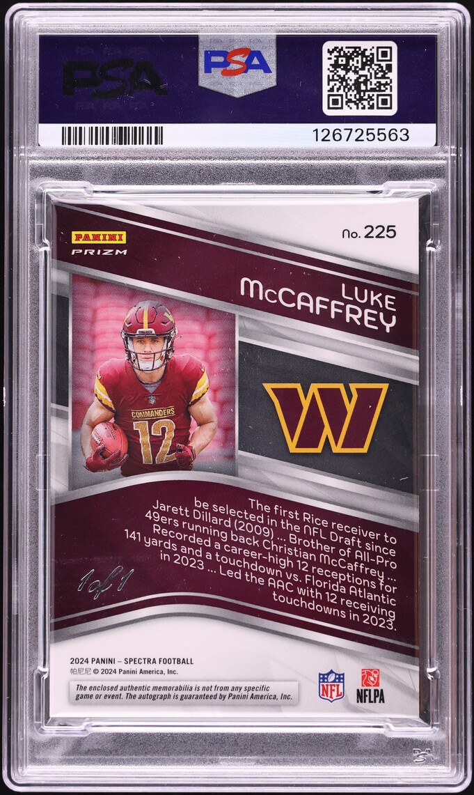 2024 Panini SpectraShield Tag Gold Luke McCaffrey ROOKIE PATCH AUTO 1/1 #225 PSA 9 MINT